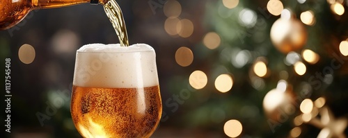 Beer party idea. A festive glass of beer being poured, perfect for holiday celebrations. photo