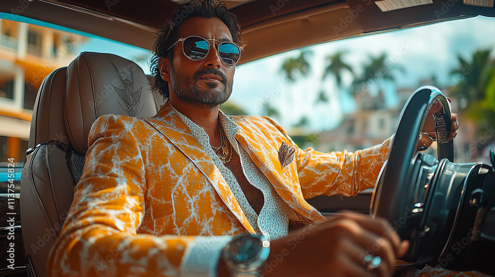 Naklejka premium Indian man riding in an expensive car, sitting in the driver's seat of a luxury sports car, dressed in a stylish suit and sunglasses.