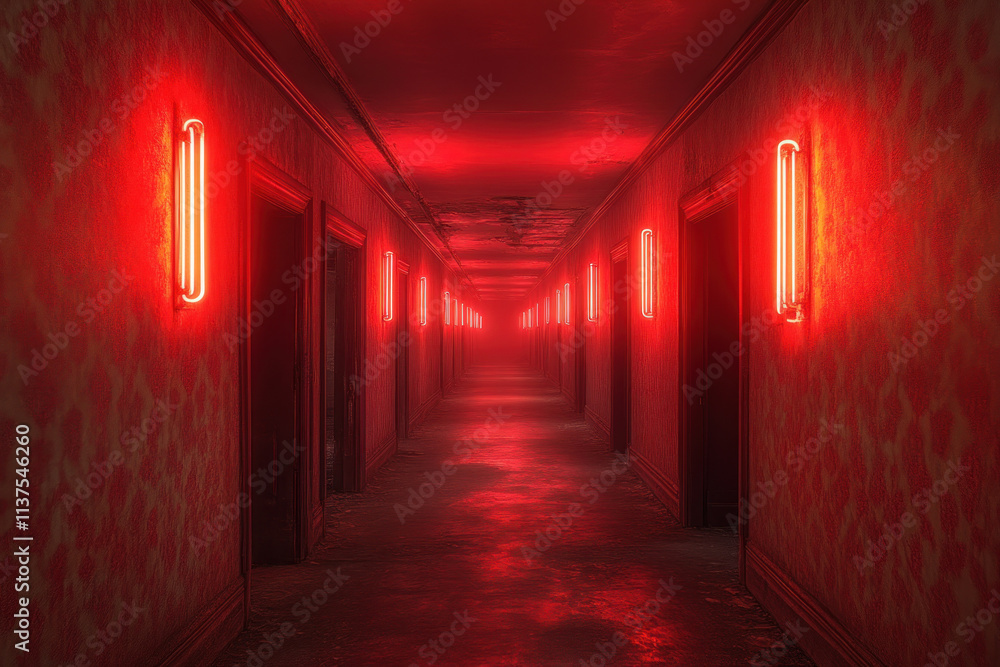 Red Corridor Lights Illuminate a Dark Hallway Mysteriously Red Corridor Lights Illuminate a Dark Hallway Mysteriously