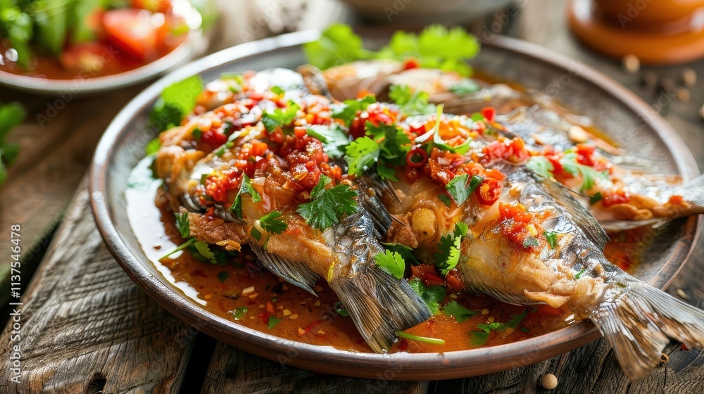 Deliciously spiced fish dish on a wooden table Deliciously spiced fish dish on a wooden table