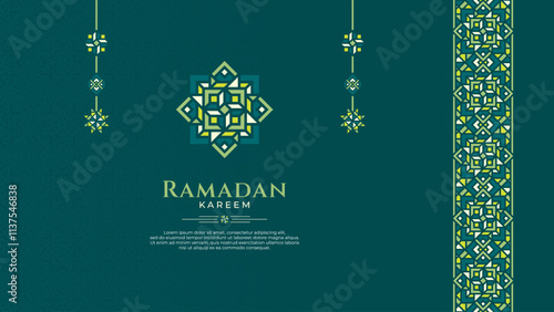 Ramadan Kareem Greeting Design with Oriental Ornament on Dark Green Theme