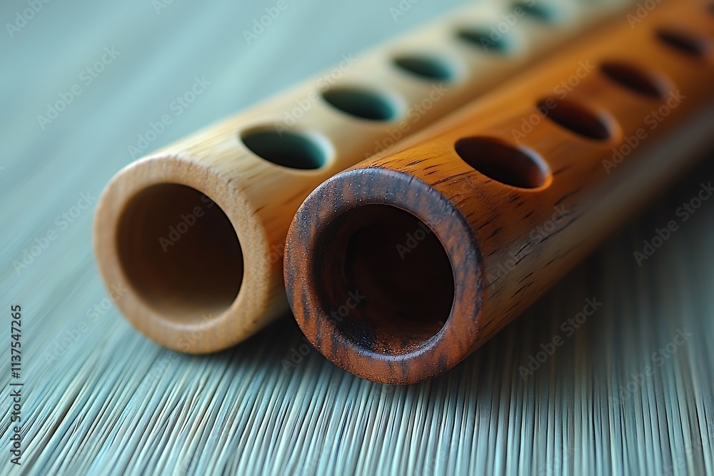 Two wooden flutes lie on a textured surface Two wooden flutes lie on a textured surface