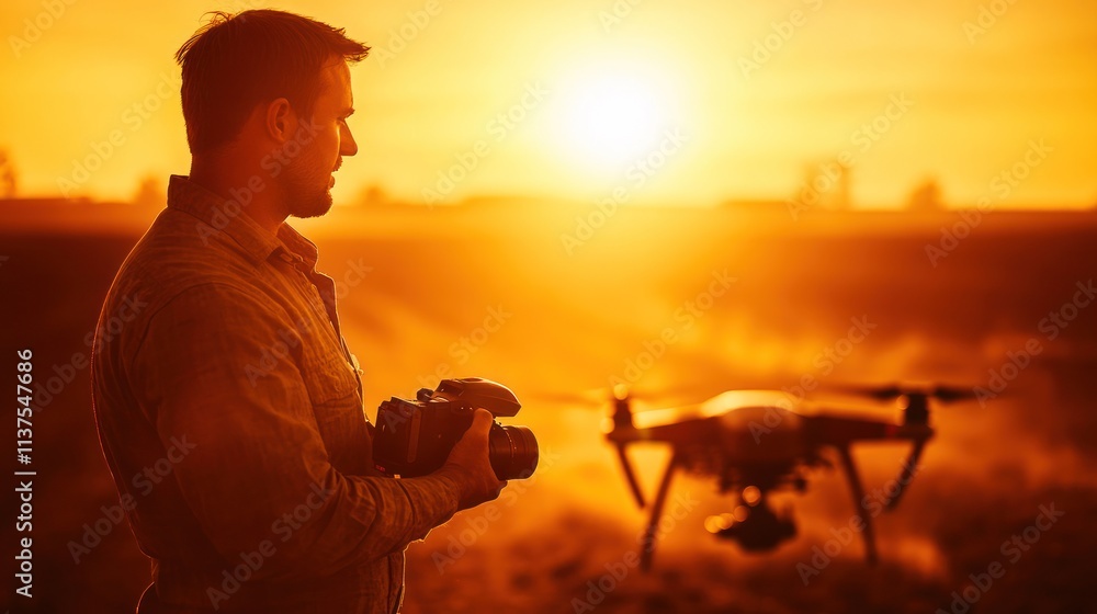 Fototapeta premium Man controls drone flying over golden sunset field.