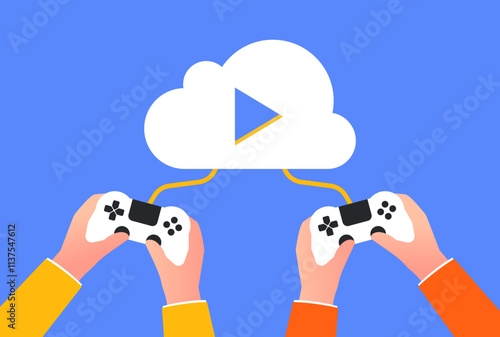 Cloud Gaming Illustration System Design. Hand holding Console playing a game with cloud storage system