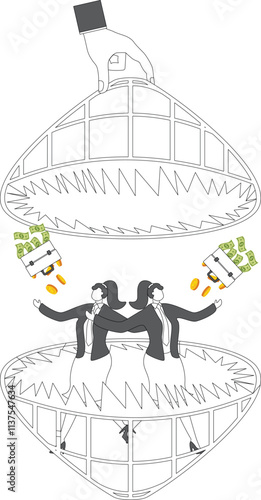 Bad decisions or failed business, financial capital traps, investment risks, Ponzi schemes, desperate businesswomen caught inside the trap