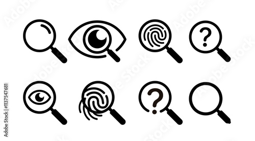 magnifying icon, magnify with eye, magnifier with fingerprint icons set