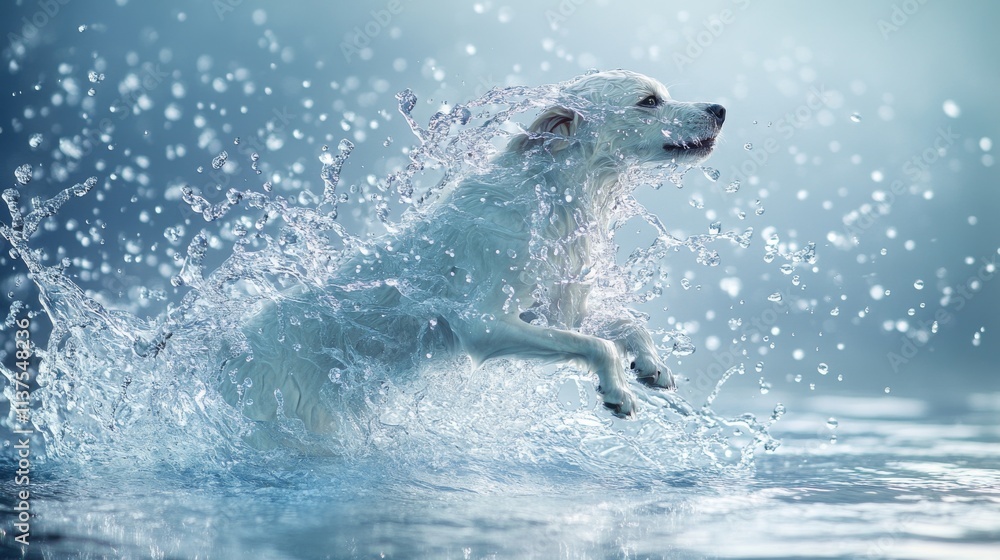 Obraz premium A white dog joyfully leaps through water, splashing droplets all around. The vibrant action and sparkling water create a playful and energetic scene, perfect for pet or outdoor themes.. AI Generation