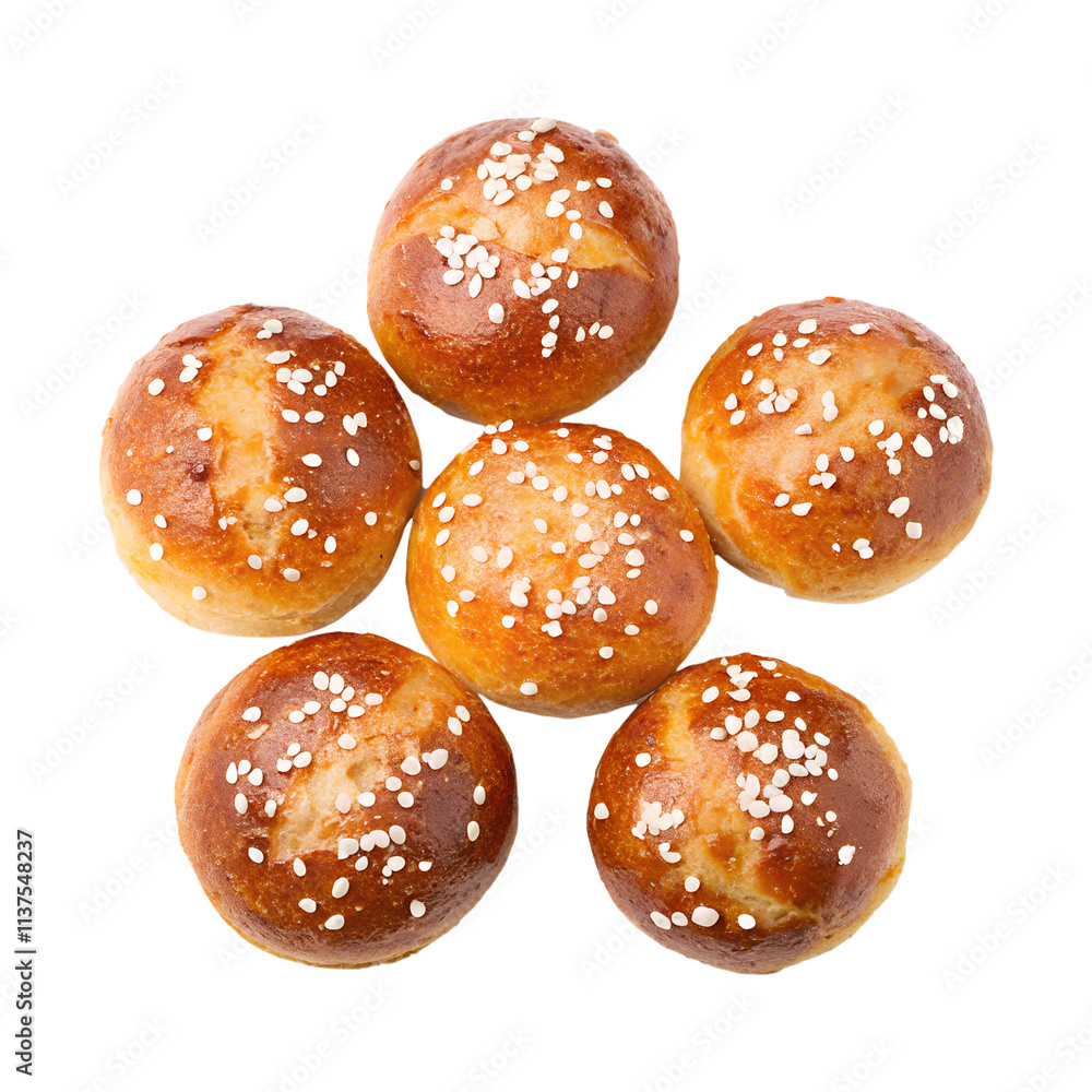 Small, round pretzel bites with a golden-brown crust and coarse salt sprinkled on top. Displayed in a small, neat cluster on a transparent background Small, round pretzel bites with a golden-brown crust and coarse salt sprinkled on top. Displayed in a small, neat cluster on a transparent background