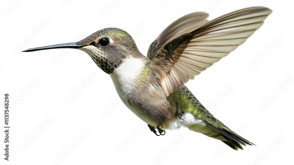 Fototapeta premium A hummingbird in mid-flight hovering near flowers in a vibrant garden during a sunny afternoon.