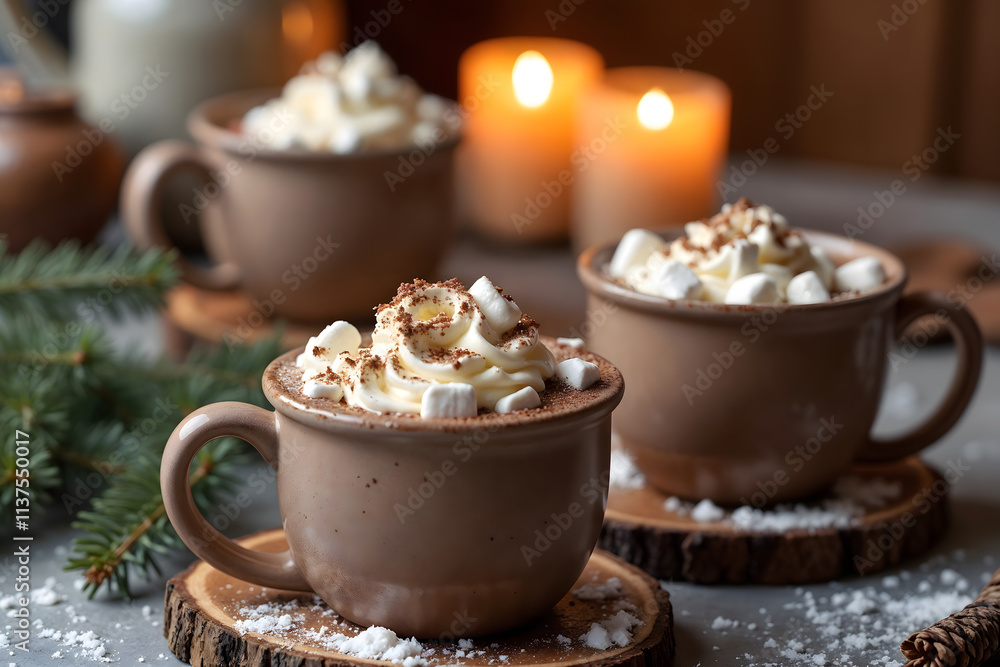 Rustic Hot Chocolate Trio with Pine and Candlelight Ambiance Rustic Hot Chocolate Trio with Pine and Candlelight Ambiance