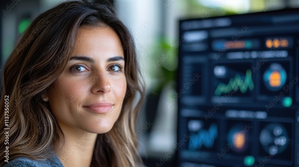 Confident and Focused Female Professional Analyzing Financial Data and Business Analytics on Digital Dashboard in Futuristic Office Workspace Confident and Focused Female Professional Analyzing Financial Data and Business Analytics on Digital Dashboard in Futuristic Office Workspace