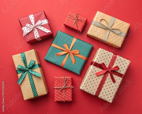 Christmas gift boxes with ribbons and bows in red and gold wrapping for holiday celebrations