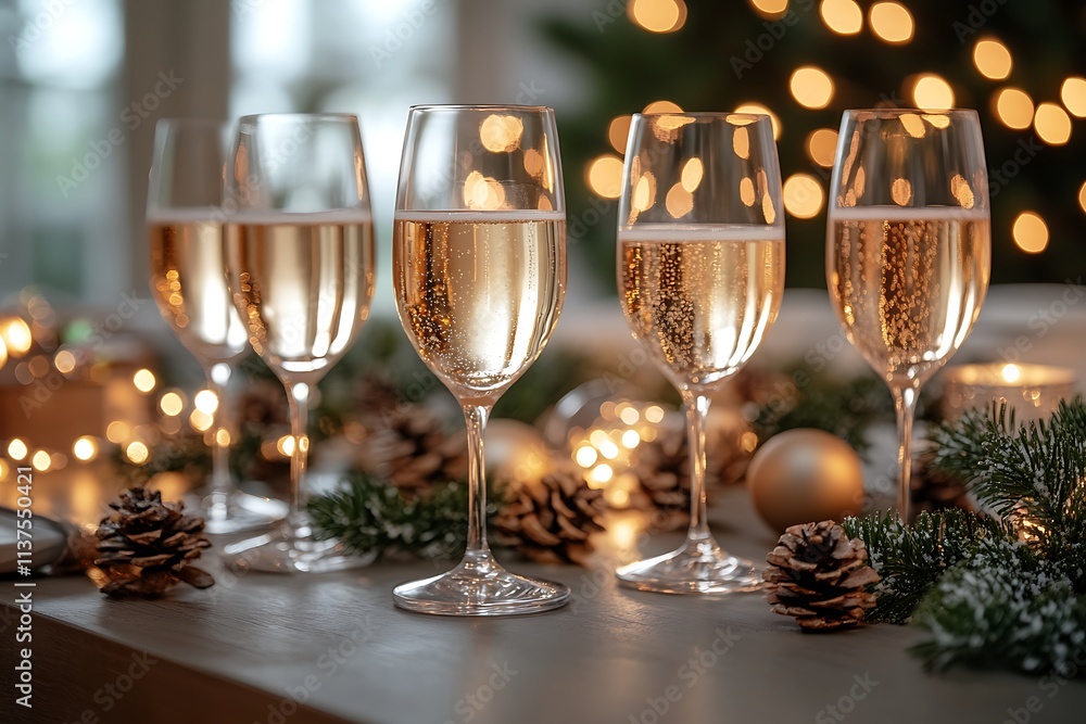 Five glasses of champagne on a festive table with Christmas decorations Five glasses of champagne on a festive table with Christmas decorations