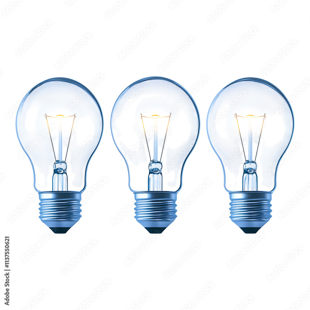 Three Glowing Light Bulbs Illuminating Brightly on White Background Three Glowing Light Bulbs Illuminating Brightly on White Background