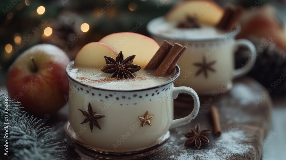 Warm apple cider infused with sliced apples, cinnamon sticks, and anise stars in cups Warm apple cider infused with sliced apples, cinnamon sticks, and anise stars in cups