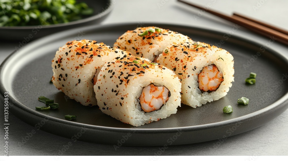 Four shrimp sushi rolls on a dark plate with sesame seeds, sprinkled with spices. Four shrimp sushi rolls on a dark plate with sesame seeds, sprinkled with spices.