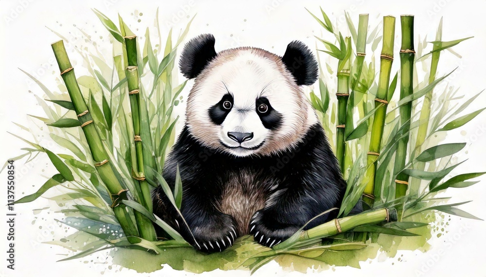Watercolor panda sitting peacefully among bamboo shoots isolated on white background with copy space Watercolor panda sitting peacefully among bamboo shoots isolated on white background with copy space