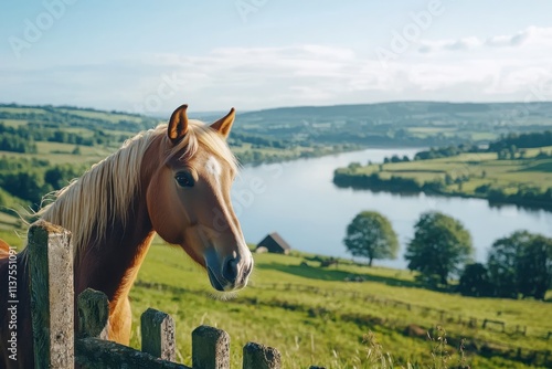 Inquisitive horse gazing over fence scenic countryside closeup photography blurred landscape side view nature's beauty photo