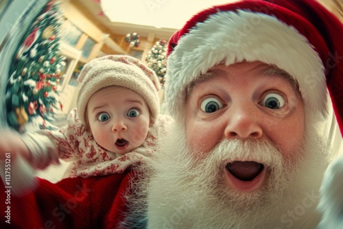 Festive season ad drawing pic for marketing material and web use. Gleeful christmas, Ñute baby girl shocked with santa claus. Santa claus baby red lap. Christmas carols advertising.