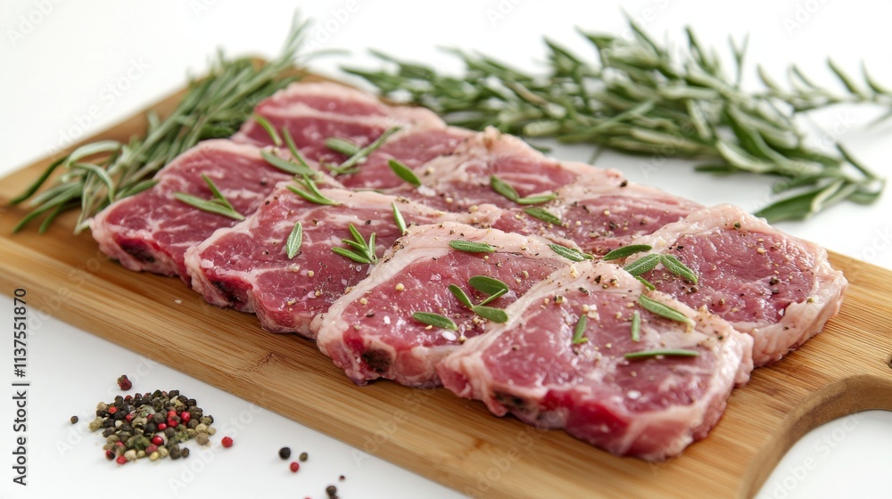 Fresh Raw Meat Cuts with Herbs and Spices on Wooden Board Fresh Raw Meat Cuts with Herbs and Spices on Wooden Board