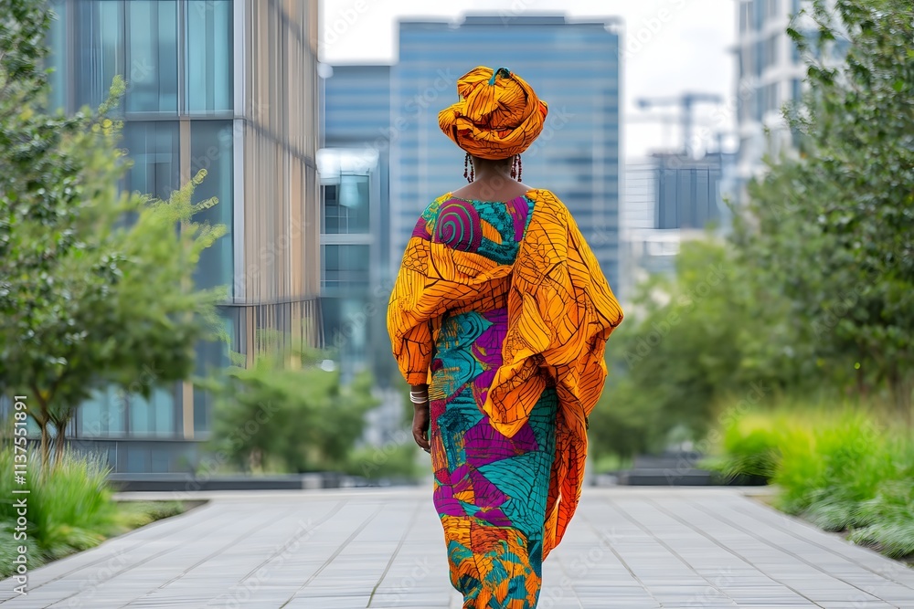 Fototapeta premium Woman wearing traditional African attire in modern city