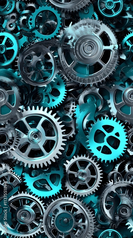 A seamless pattern of interlocking gears and cogs, glowing softly in metallic silver and teal A seamless pattern of interlocking gears and cogs, glowing softly in metallic silver and teal