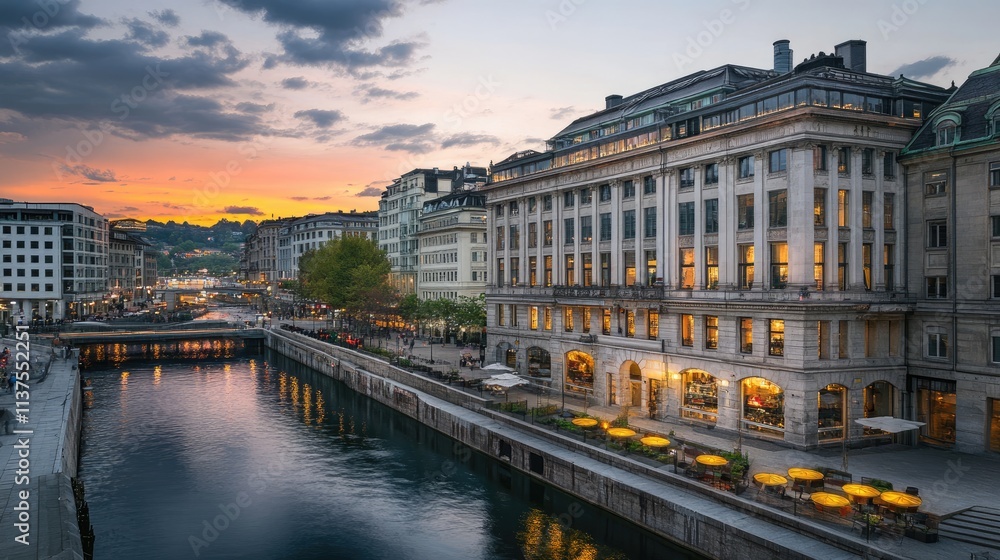 Scenic Sunset View Over River with Historic Architecture in City Scenic Sunset View Over River with Historic Architecture in City