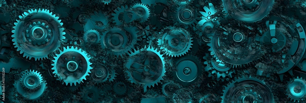A seamless pattern of interlocking gears and cogs, glowing softly in metallic silver and teal A seamless pattern of interlocking gears and cogs, glowing softly in metallic silver and teal