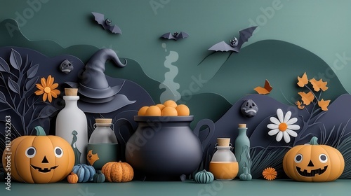 Autumn Halloween Witch s Potion Spooky Nature Arrangement with Pumpkins Witch Hat Bats Potion Bottles and Cauldron in a Dark Moody and Mystical Scene photo