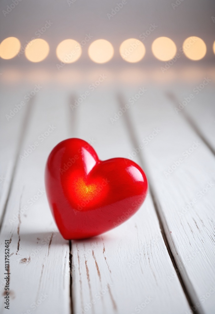 Fototapeta premium Red heart rests on white wood with blurred lights