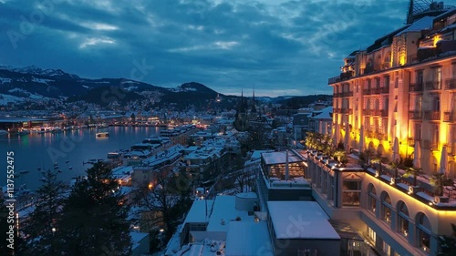 Lucerne, Switzerland in Winter at Blue Hour by Drone