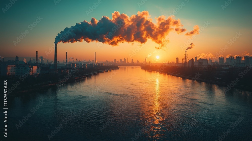 Naklejka premium Industrial Emissions at Sunset Over the River
