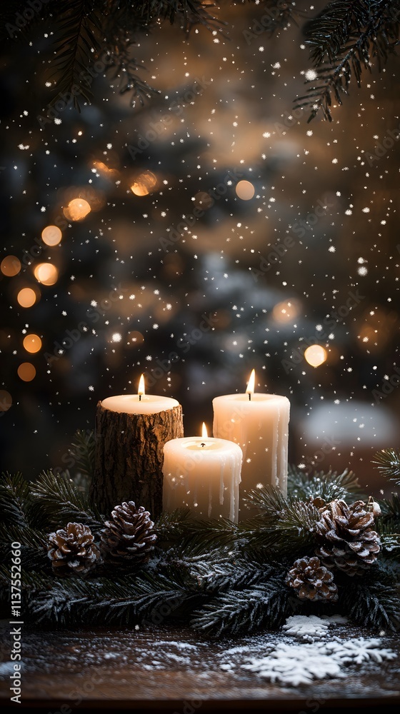 A podium illuminated by soft candlelight, with festive pine garlands, snowflakes, and a cozy winter scene in the background A podium illuminated by soft candlelight, with festive pine garlands, snowflakes, and a cozy winter scene in the background