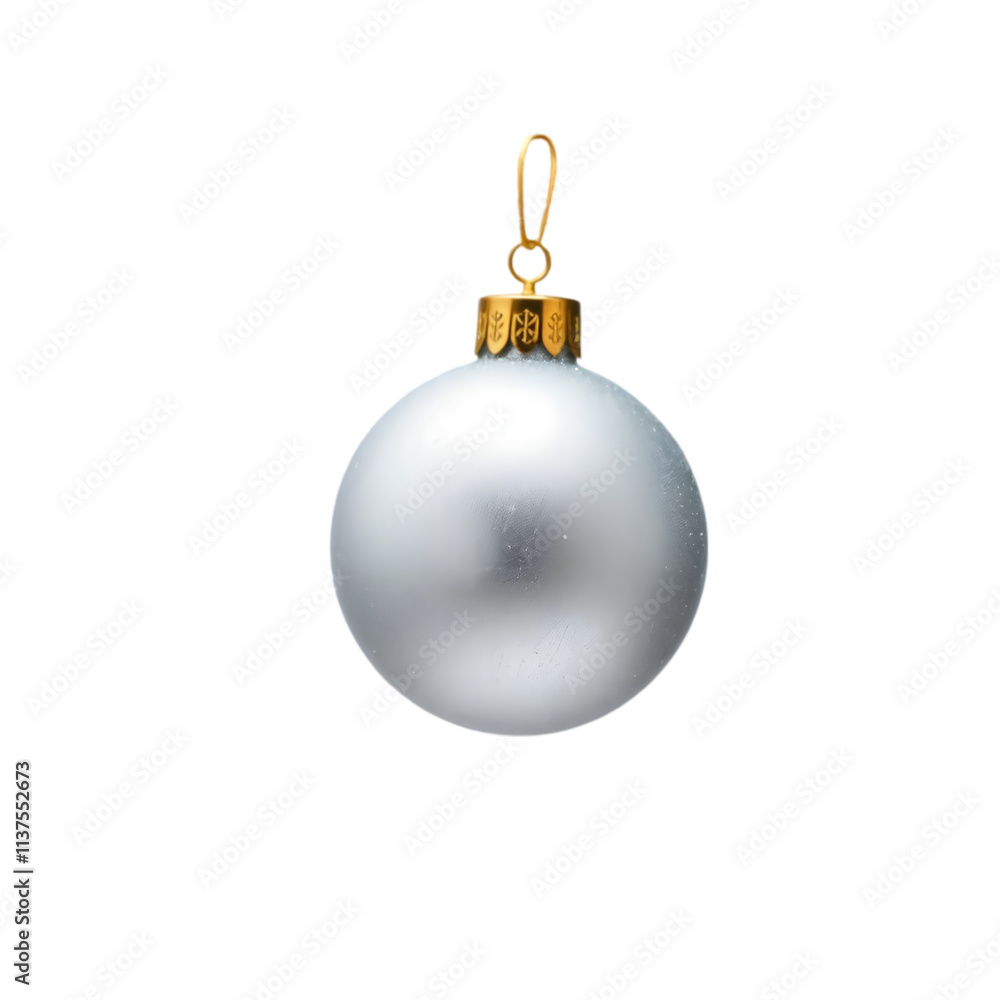 A shiny Christmas ornament hanging from a branch, surrounded by falling snowflakes on a white background A shiny Christmas ornament hanging from a branch, surrounded by falling snowflakes on a white background