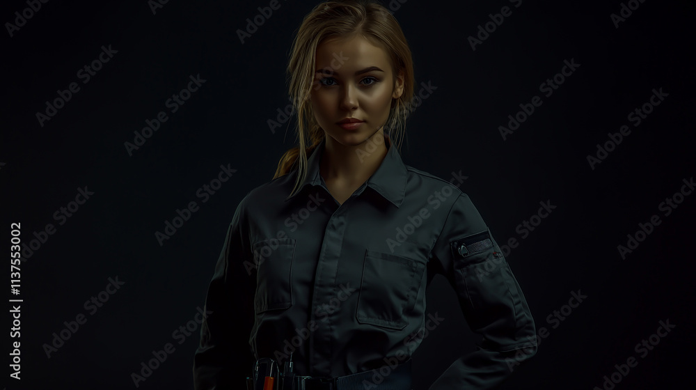 A confident young woman in a professional mechanics uniform, posing with a strong and assertive posture A confident young woman in a professional mechanics uniform, posing with a strong and assertive posture