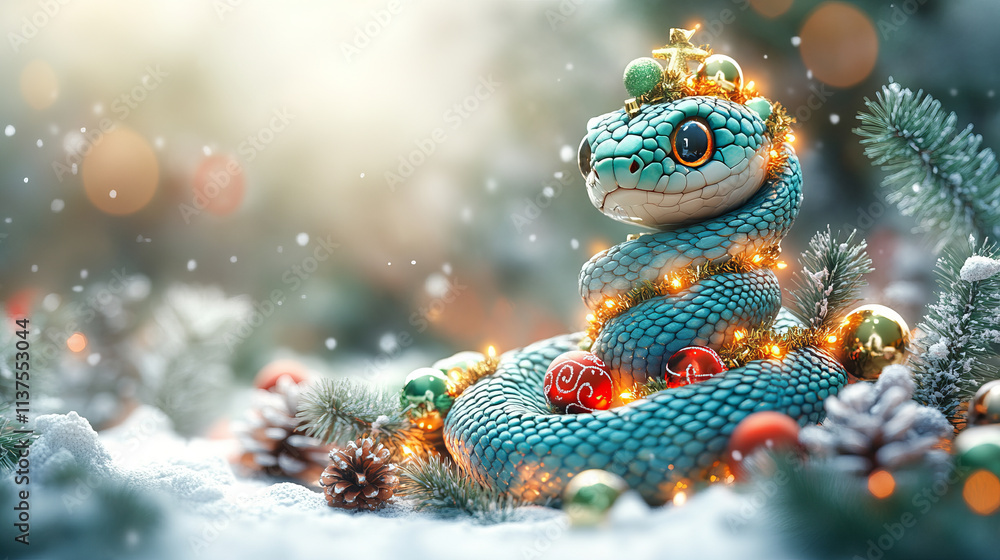 Obraz premium The snake is turquoise in color, bends into a pose in the form of a Christmas tree. He snake is adorned with festive holiday ornaments like shiny baubles, tinsel, and glowing lights.
