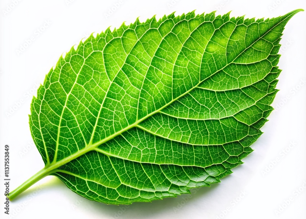 Obraz premium Macro Photography Green Leaf, Isolated White Background, Nature Close Up, Plant Detail, Lush Foliage, Botanical Image, High Resolution, Green Leaf Texture, Vibrant Green, Nature Wallpaper, 