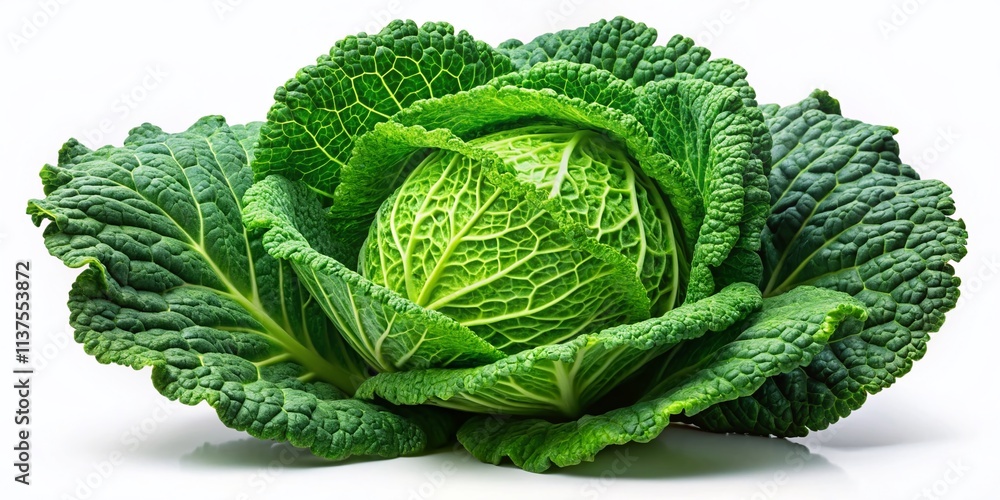 Fototapeta premium Macro Photography Green Cabbage Isolated White Background - Closeup Detail Vegetable Image