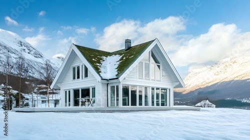 Fototapeta Naklejka Na Ścianę i Meble -  A Scandinavian-inspired villa with white wood cladding, green roofs, and large windows framing snowy mountains.