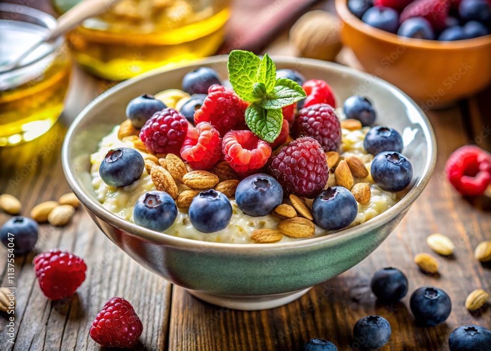 Macro Photography: Healthy Student Breakfast - Oatmeal, Berries, Nuts, Seeds, Close-Up Food Photography Macro Photography: Healthy Student Breakfast - Oatmeal, Berries, Nuts, Seeds, Close-Up Food Photography