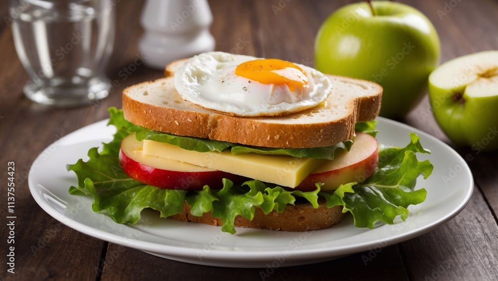 Sandwich with Poached Egg, Cheese on top of lettuce, With a slice of cheese in the middle, apple Apple slices in it. Sandwich with Poached Egg, Cheese on top of lettuce, With a slice of cheese in the middle, apple Apple slices in it.