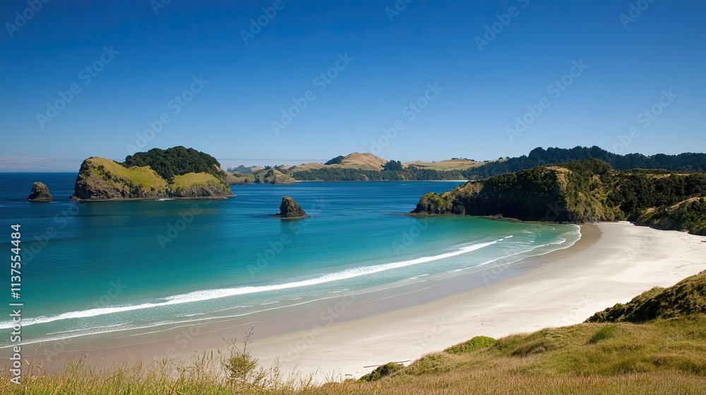 Serene Coastal Landscape with Calm Waters and Sandy Beach View Serene Coastal Landscape with Calm Waters and Sandy Beach View