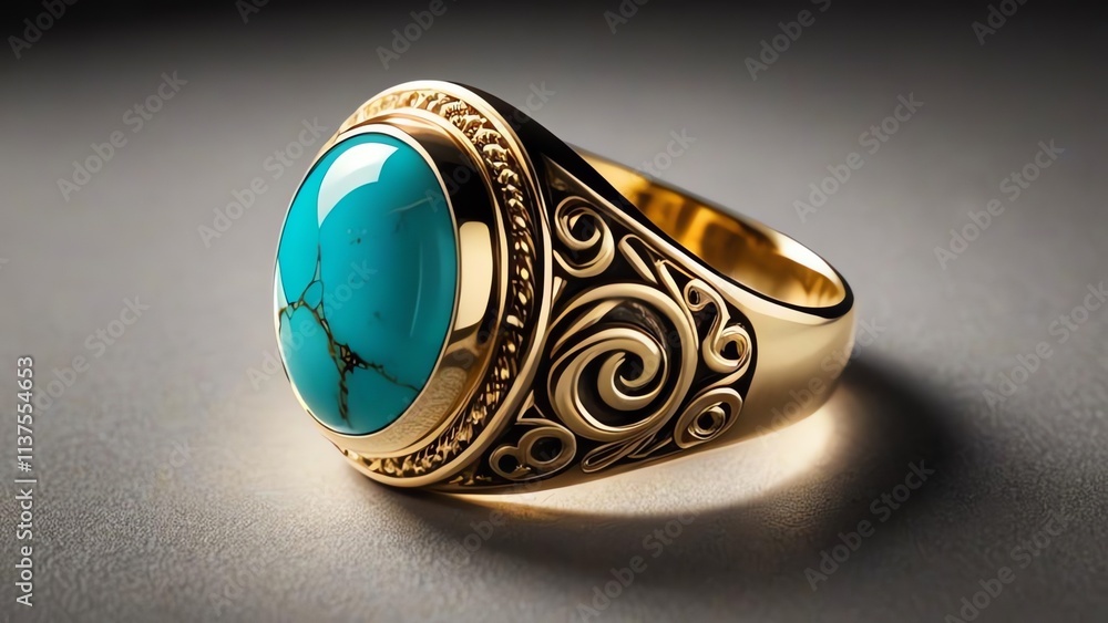 Round, flush-set turquoise cabochon set in a chunky gold signet ring
Round, flush-set turquoise cabochon set in a chunky gold signet ring