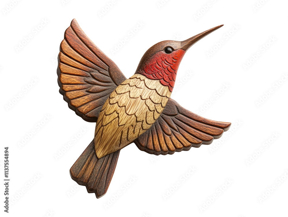 Obraz premium Intricate Wooden Hummingbird Brooch Pin Isolated on White Background
