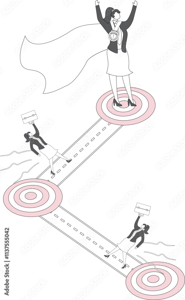 Fototapeta premium Reach the goal, career to success, complete growth or achievement, isometric businesswomen competing to run through the bullseye to reach the goal