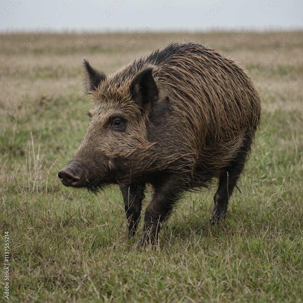 A wild boar rooting around in a grassy field, set against a soft white background. A wild boar rooting around in a grassy field, set against a soft white background.