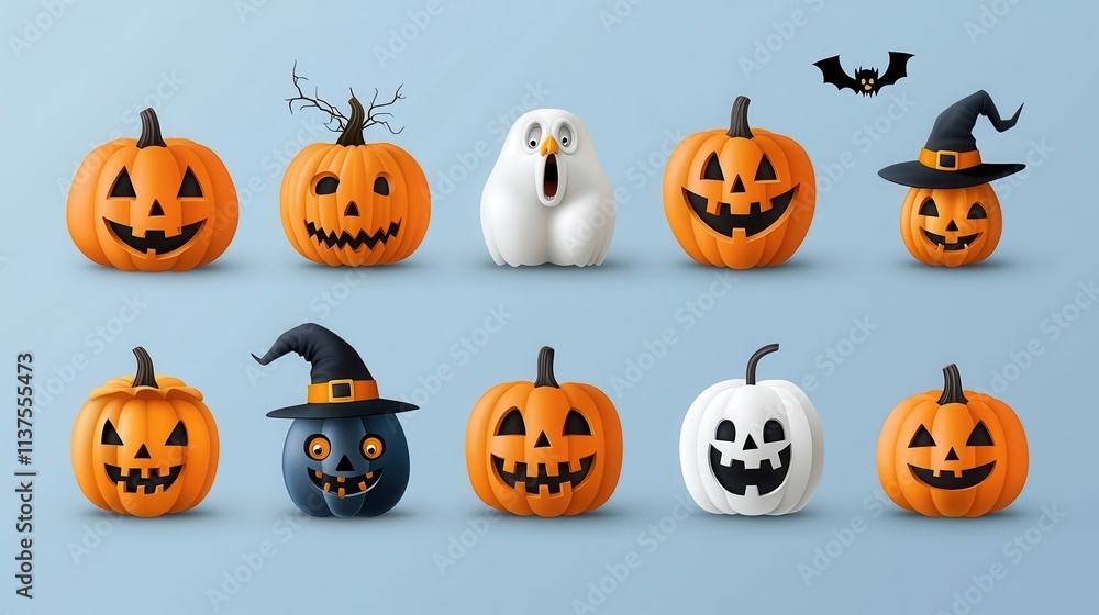 Assortment of cheerful pumpkins spooky ghosts and flying bats in a variety of Halloween themed shapes and expressions on a blue background Festive fall and October holiday decor elements Assortment of cheerful pumpkins spooky ghosts and flying bats in a variety of Halloween themed shapes and expressions on a blue background Festive fall and October holiday decor elements