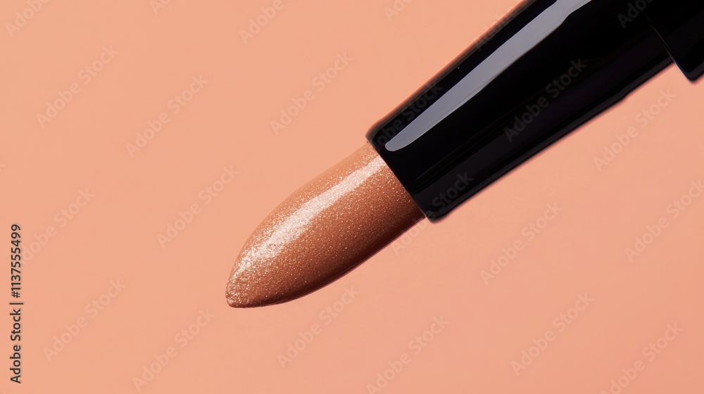 Close-Up of Metallic Nude Lipstick on Soft Peach Background
