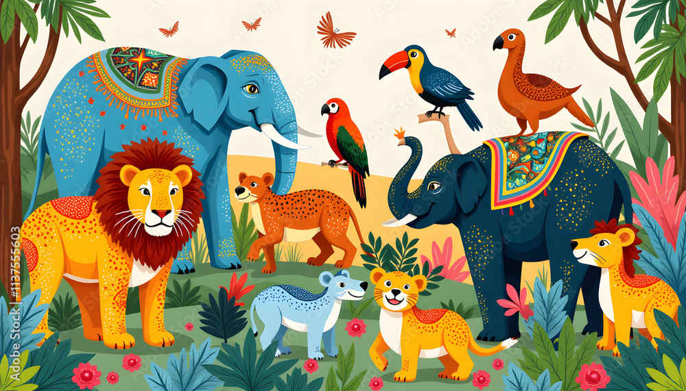 Fototapeta premium Artistic illustration of wildlife diversity featuring elephants, lions, and tropical birds in vibrant colors