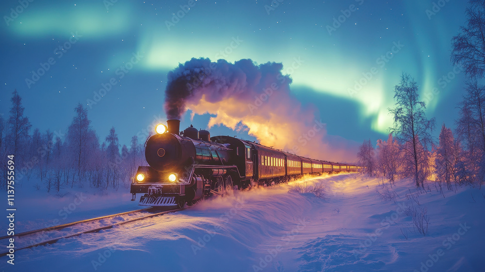 Steam train traveling through snowy landscape under northern lights Steam train traveling through snowy landscape under northern lights
